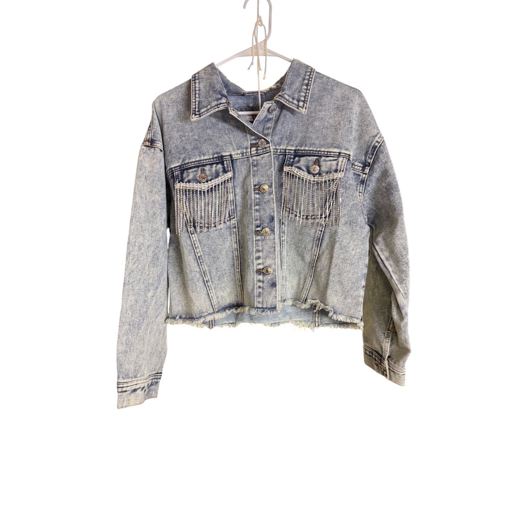 Denim Blvd Los Angeles Acid Wash Rhinestone Fringe Cropped Denim Jacket Large